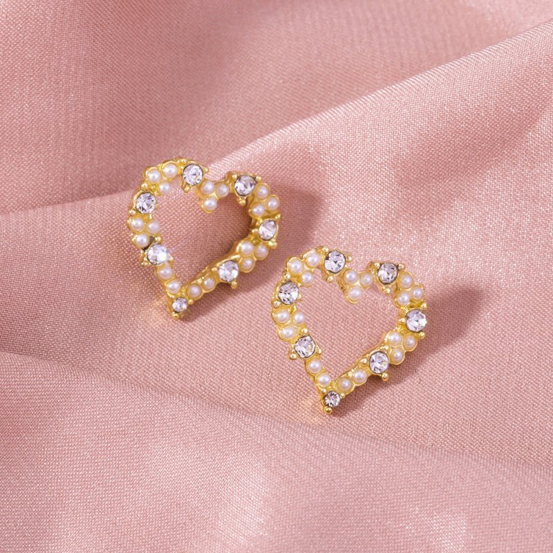 Golden Diamond Pearl Love Tree Stud Earrings Heart Shape-Jewearrings