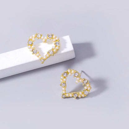 Golden Diamond Pearl Love Tree Stud Earrings Heart Shape-Jewearrings