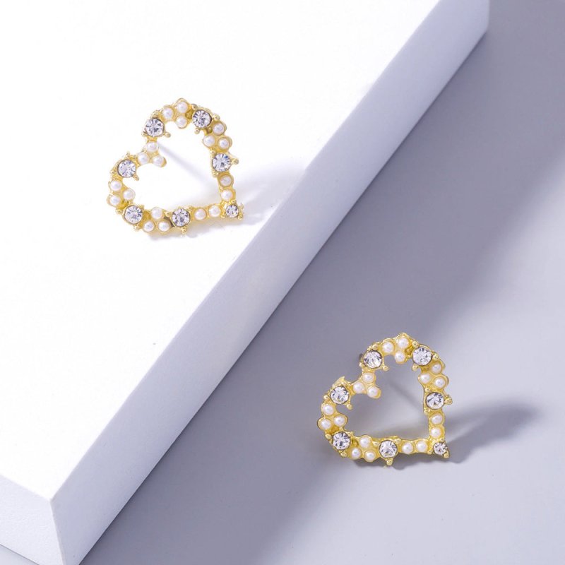 Golden Diamond Pearl Love Tree Stud Earrings Heart Shape-Jewearrings