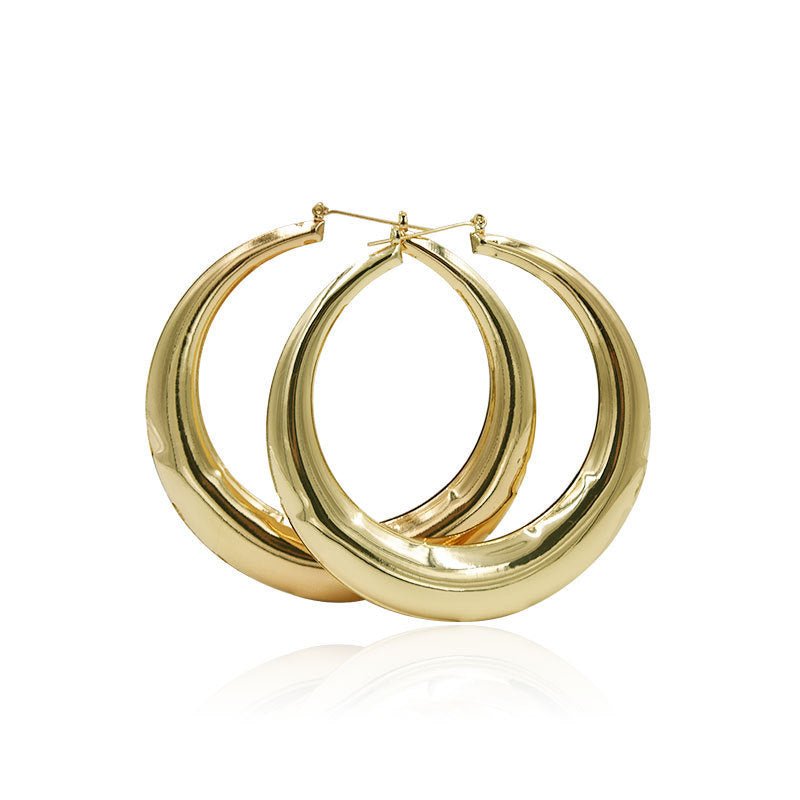 Golden geometric round big earrings-Jewearrings