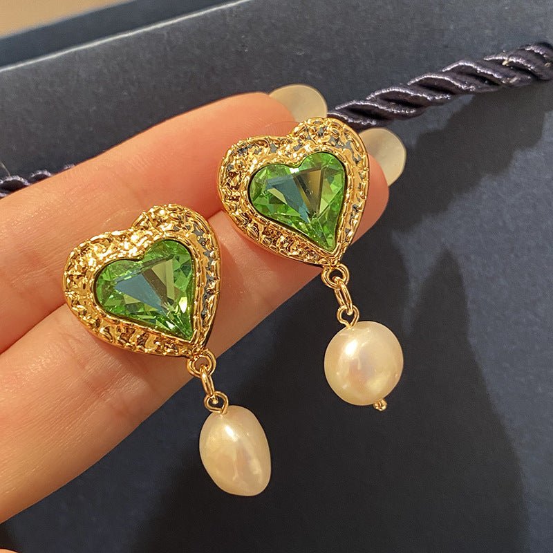 Golden Green Heart Pearl Earrings Crystal Baroque-Jewearrings