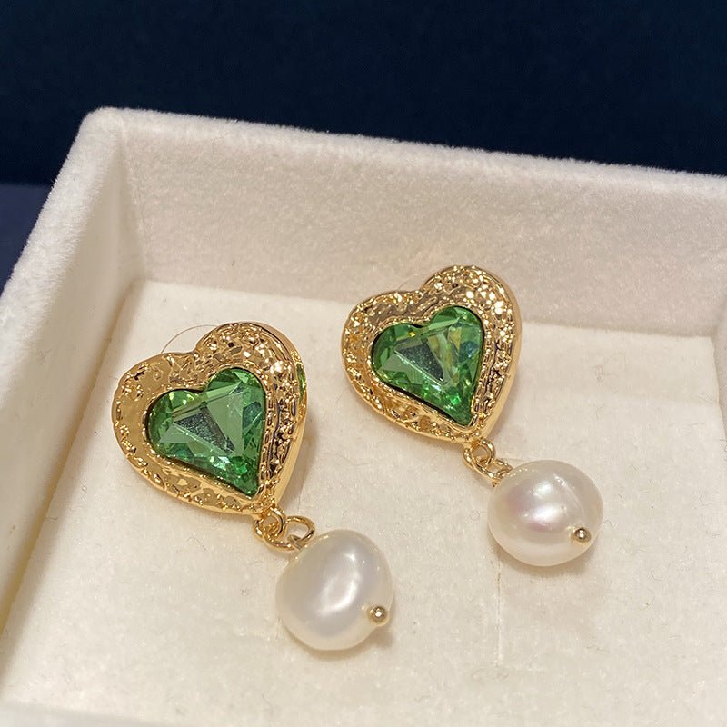 Golden Green Heart Pearl Earrings Crystal Baroque-Jewearrings