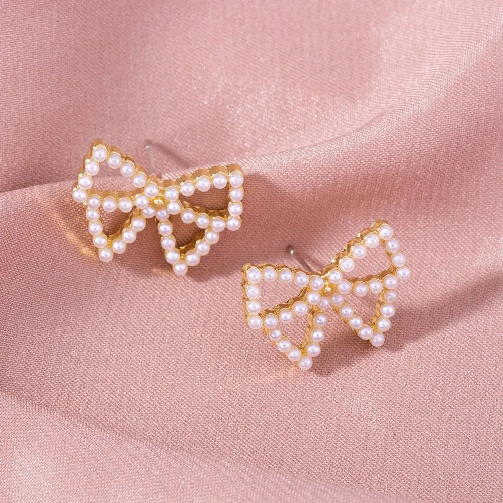 Golden Pearl Bow Earrings | Add Elegance to Any Outfit-Jewearrings