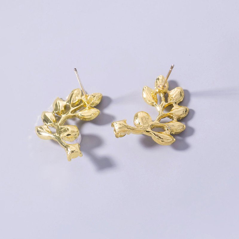 Golden Pearl Diamond Leaf Earrings Branch Accessories Women-Jewearrings