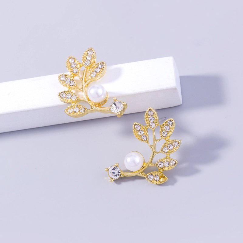 Golden Pearl Diamond Leaf Earrings Branch Accessories Women-Jewearrings