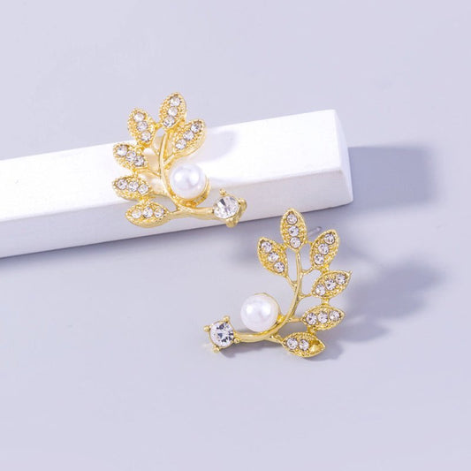 Golden Pearl Diamond Leaf Earrings Branch Accessories Women-Jewearrings