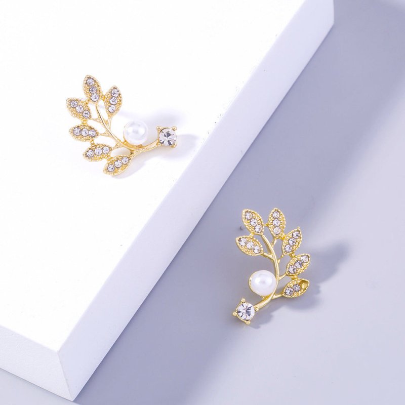 Golden Pearl Diamond Leaf Earrings Branch Accessories Women-Jewearrings