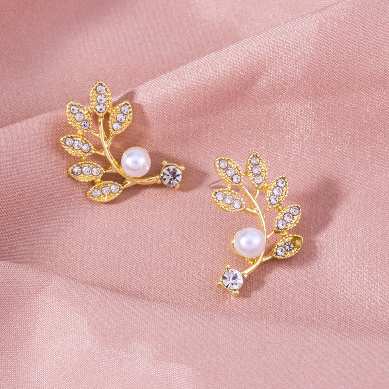 Golden Pearl Diamond Leaf Earrings Branch Accessories Women-Jewearrings