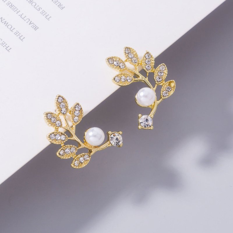 Golden Pearl Diamond Leaf Earrings Branch Accessories Women-Jewearrings