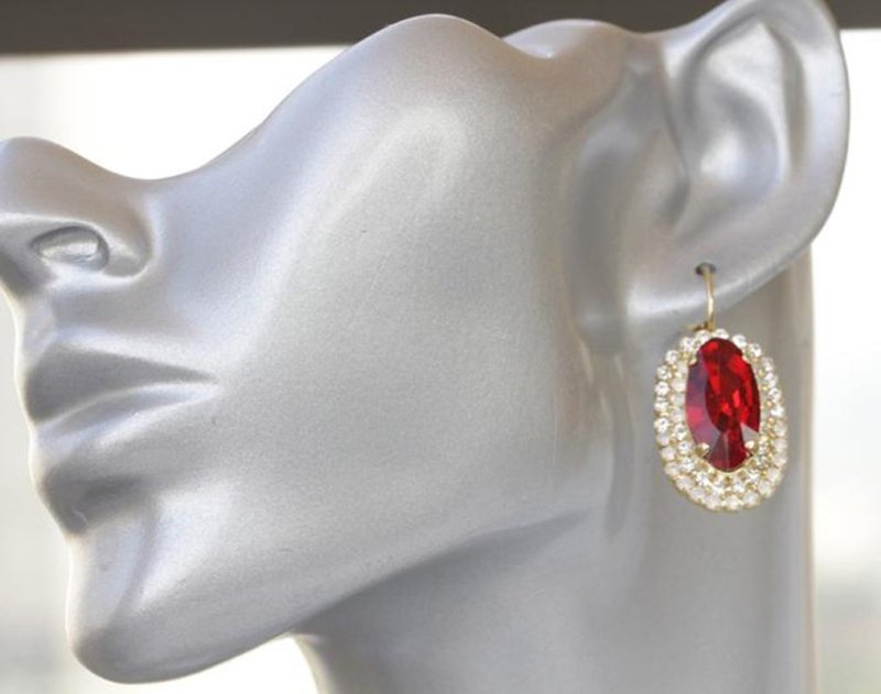 Golden Red Oval Gemstone And White Diamond Earrings-Jewearrings