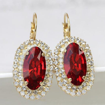 Golden Red Oval Gemstone And White Diamond Earrings-Jewearrings