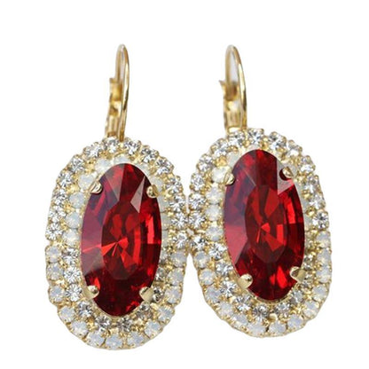 Golden Red Oval Gemstone And White Diamond Earrings-Jewearrings