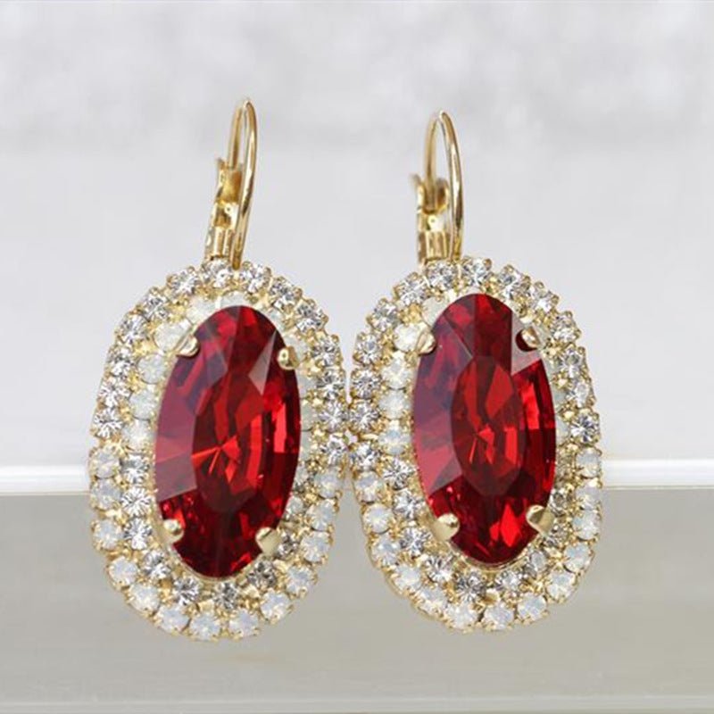 Golden Red Oval Gemstone And White Diamond Earrings-Jewearrings