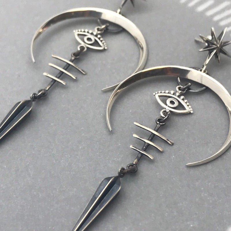 Gothic Devil's Eye Punk Earrings Halloween Accessories Ancient Silver Moon Long Metal-Jewearrings