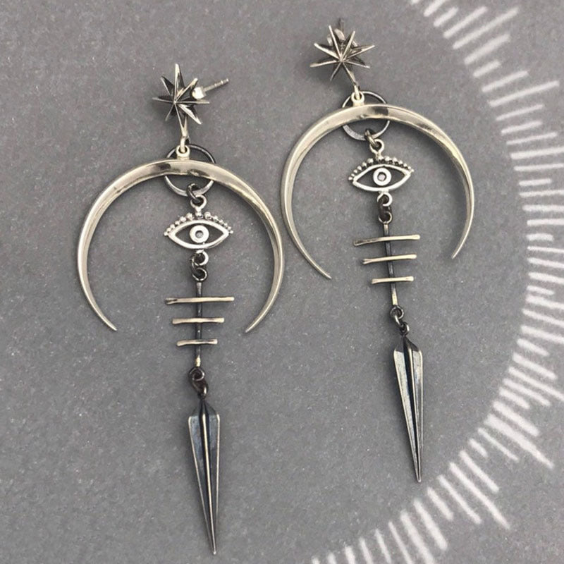 Gothic Devil's Eye Punk Earrings Halloween Accessories Ancient Silver Moon Long Metal-Jewearrings