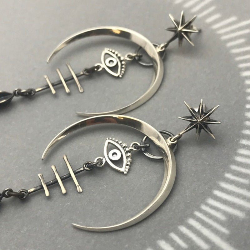 Gothic Devil's Eye Punk Earrings Halloween Accessories Ancient Silver Moon Long Metal-Jewearrings