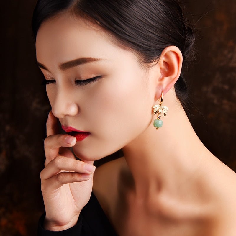 Green Apple 14k Gold Tree Leaf Earrings Ethnic Style-Jewearrings