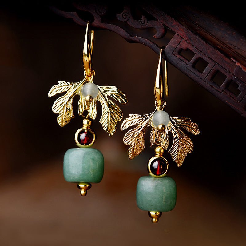 Green Apple 14k Gold Tree Leaf Earrings Ethnic Style-Jewearrings