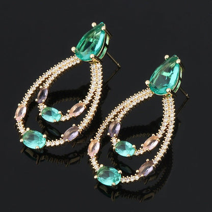 Green Big Water Drop Dangle Earrings Full Pave Zirconia Colorful-Jewearrings