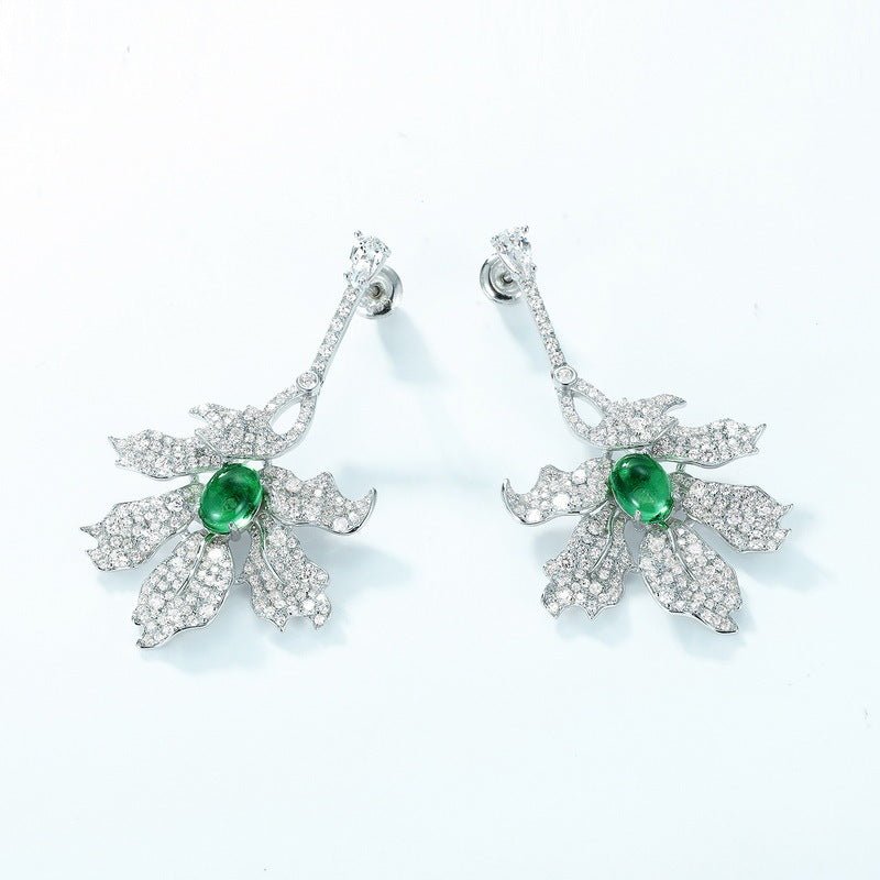 Green Leaf Earrings S925 Silver Full Inlaid White Zirconium Long Earrings-Jewearrings