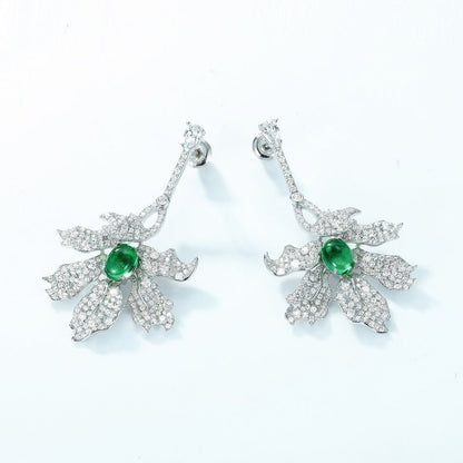 Green Leaf Earrings S925 Silver Full Inlaid White Zirconium Long Earrings-Jewearrings