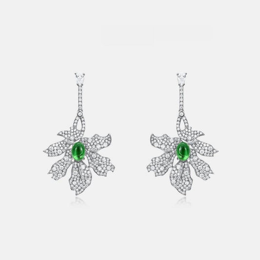 Green Leaf Earrings S925 Silver Full Inlaid White Zirconium Long Earrings-Jewearrings