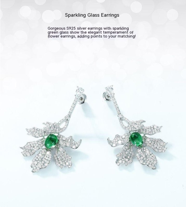 Green Leaf Earrings S925 Silver Full Inlaid White Zirconium Long Earrings-Jewearrings