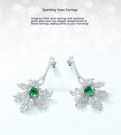 Green Leaf Earrings S925 Silver Full Inlaid White Zirconium Long Earrings-Jewearrings