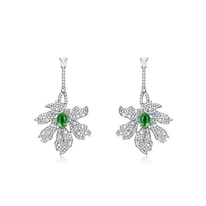 Green Leaf Earrings S925 Silver Full Inlaid White Zirconium Long Earrings-Jewearrings