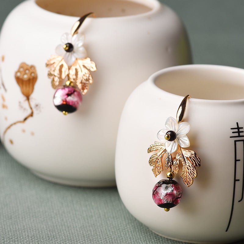 Gu Shu Qian Teng Plated 14K Gold Earrings Ginkgo Bells Of Ireland Vintage Fashion Earrings-Jewearrings