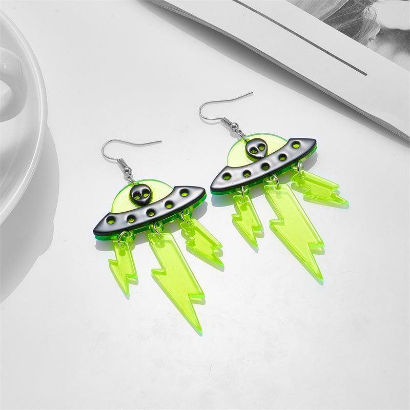 Halloween Ufo Funny Alien Fluorescent Acrylic Lightning Earrings-Jewearrings