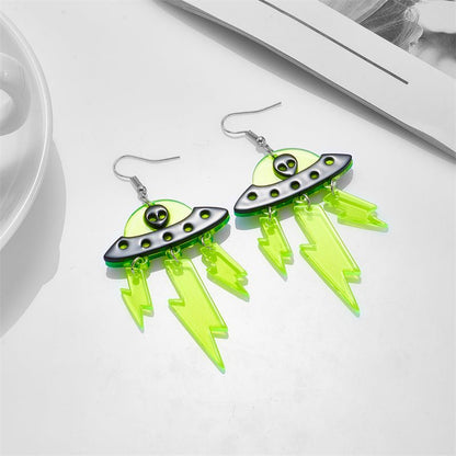 Halloween Ufo Funny Alien Fluorescent Acrylic Lightning Earrings-Jewearrings