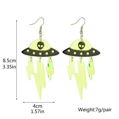 Halloween Ufo Funny Alien Fluorescent Acrylic Lightning Earrings-Jewearrings