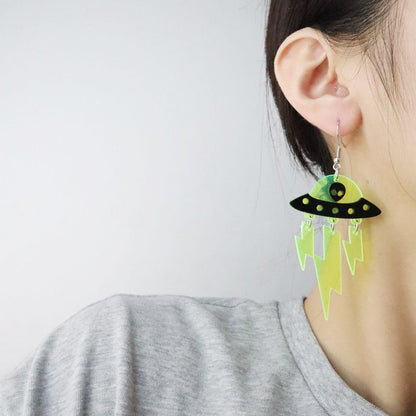 Halloween Ufo Funny Alien Fluorescent Acrylic Lightning Earrings-Jewearrings