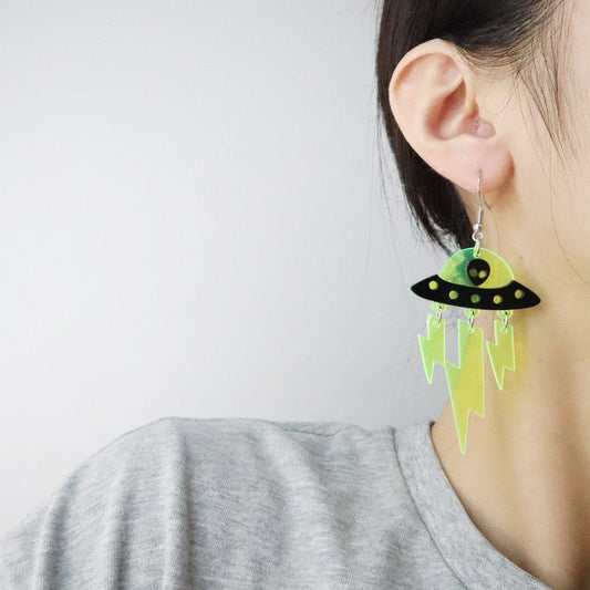 Halloween Ufo Funny Alien Fluorescent Acrylic Lightning Earrings-Jewearrings