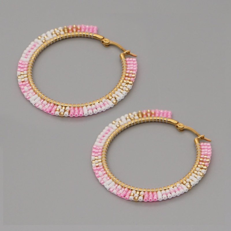 Hand-woven Large Hoop Earrings With Rice Beads-Jewearrings