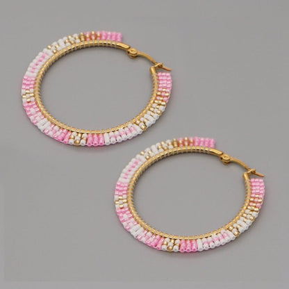 Hand-woven Large Hoop Earrings With Rice Beads-Jewearrings