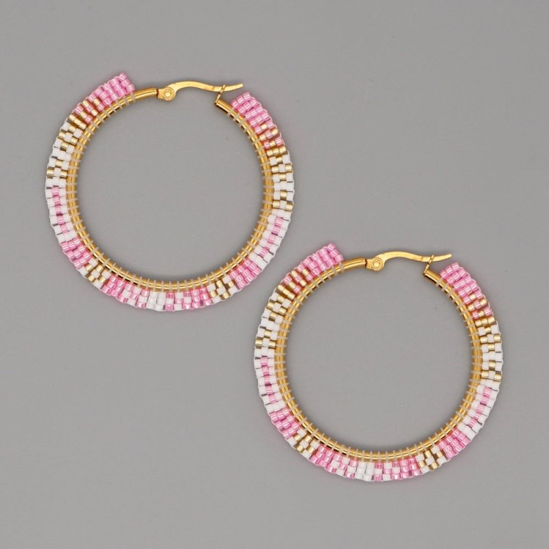 Hand-woven Large Hoop Earrings With Rice Beads-Jewearrings