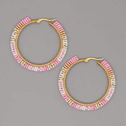 Hand-woven Large Hoop Earrings With Rice Beads-Jewearrings