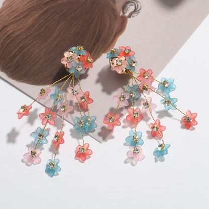 Hand-woven Small Floral Clip Diamond Tassel Earrings Flower Earrings-Jewearrings