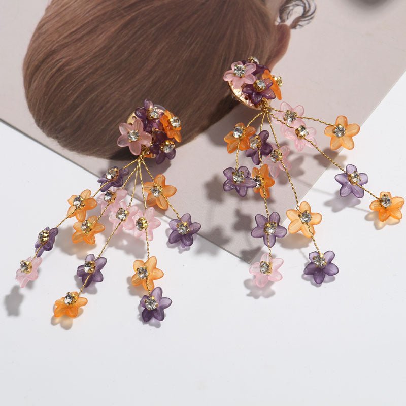 Hand-woven Small Floral Clip Diamond Tassel Earrings Flower Earrings-Jewearrings