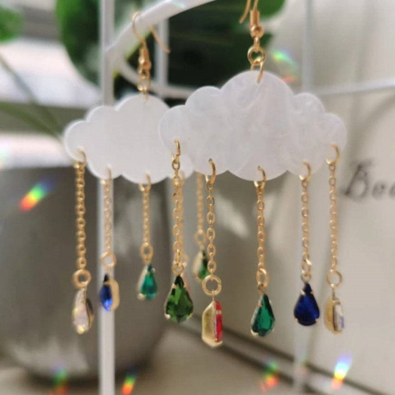 Handmade Acrylic Rain Cloud Earrings Rainbow Raindrops-Jewearrings