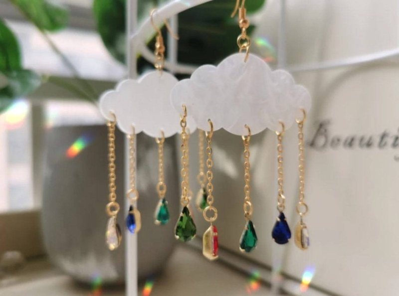 Handmade Acrylic Rain Cloud Earrings Rainbow Raindrops-Jewearrings