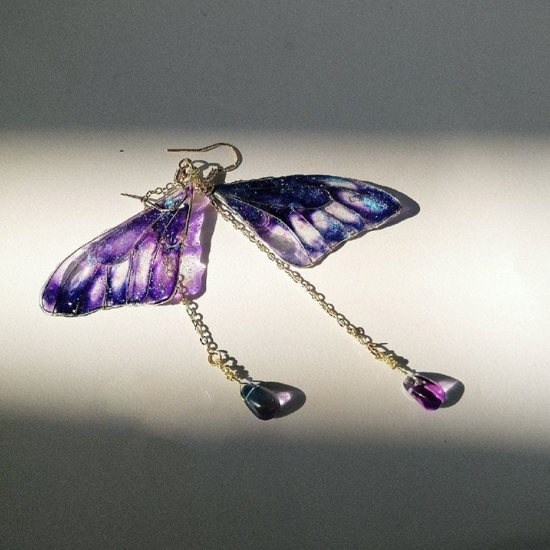 Handmade Copper Wire Epoxy Blue Purple Butterfly Wings Earrings-Jewearrings