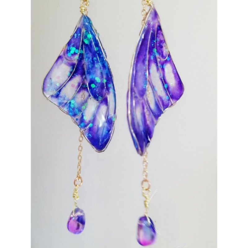 Handmade Copper Wire Epoxy Blue Purple Butterfly Wings Earrings-Jewearrings