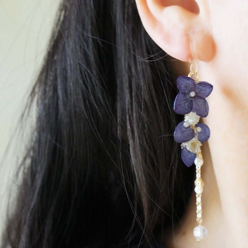 Handmade Dark Blue Eternal Hydrangea Flower Tassel Pendant Earrings-Jewearrings