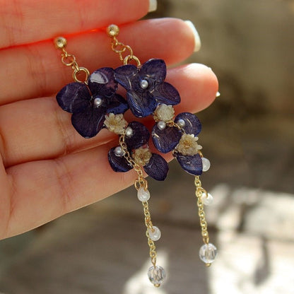 Handmade Dark Blue Eternal Hydrangea Flower Tassel Pendant Earrings-Jewearrings