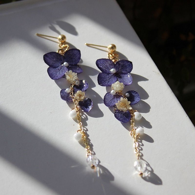 Handmade Dark Blue Eternal Hydrangea Flower Tassel Pendant Earrings-Jewearrings