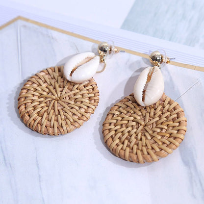 Handmade Geometric Shell Rattan Woven European And American Earrings Women's Simple Round Net Red Korean Earrings Jewelry On Behalf Of-Jewearrings