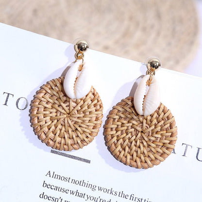 Handmade Geometric Shell Rattan Woven European And American Earrings Women's Simple Round Net Red Korean Earrings Jewelry On Behalf Of-Jewearrings